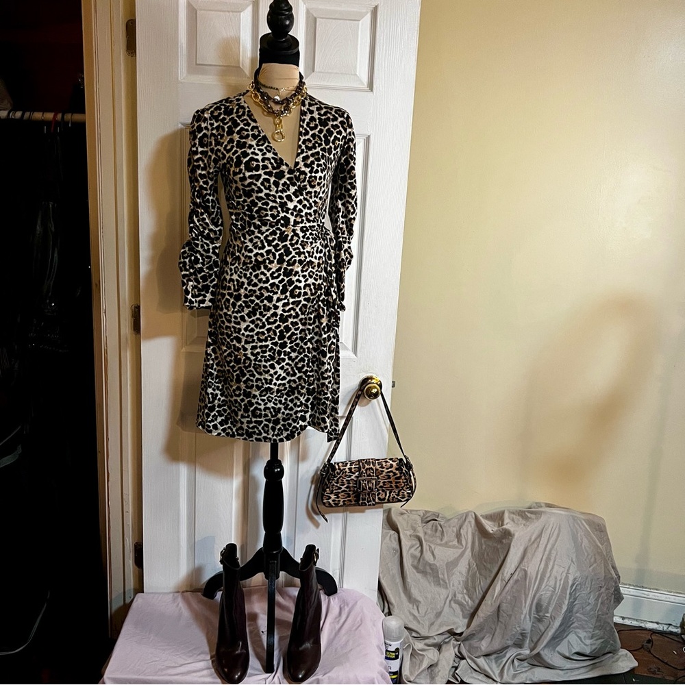 Veronica M. Leopard Print Stretch Cotton Velvet Ruched Boho Mini Wrap Dress S